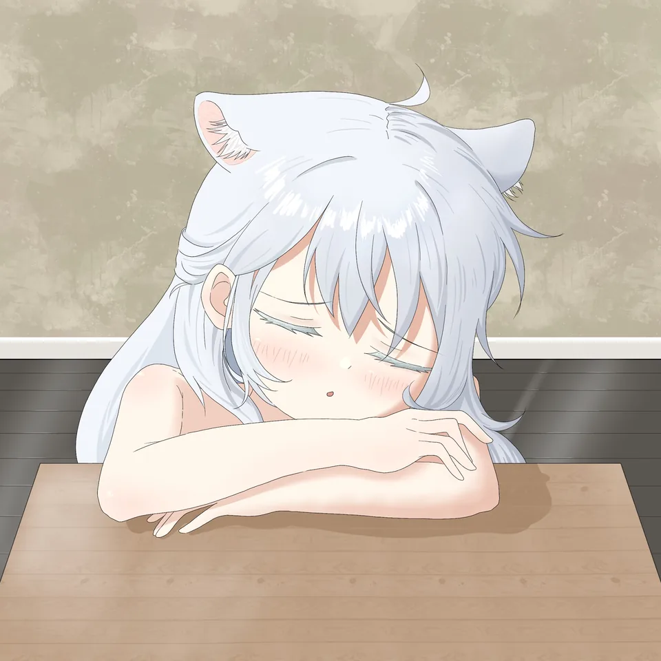 趴在桌上睡着的银发猫耳少女